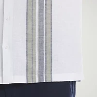 Cubavera Yarndye Linen Blend Panel Mens Short Sleeve Regular Fit Button-Down Shirt