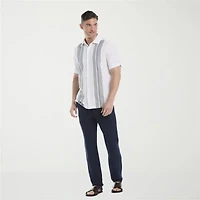 Cubavera Yarndye Linen Blend Panel Mens Short Sleeve Regular Fit Button-Down Shirt