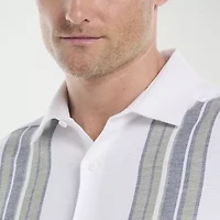 Cubavera Yarndye Linen Blend Panel Mens Short Sleeve Regular Fit Button-Down Shirt