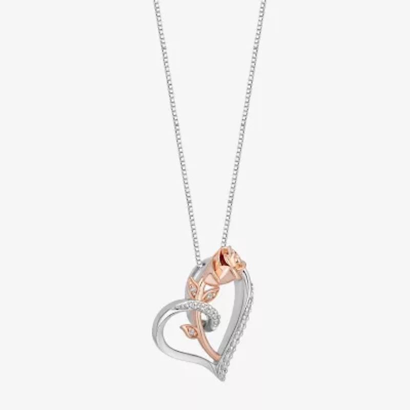 Enchanted Disney Fine Jewelry Belle (I, I2) Womens 1/10 CT. T.W. Lab Grown White Diamond 14K Rose Gold Over Silver Sterling Silver 18 Inch Pendant Necklace