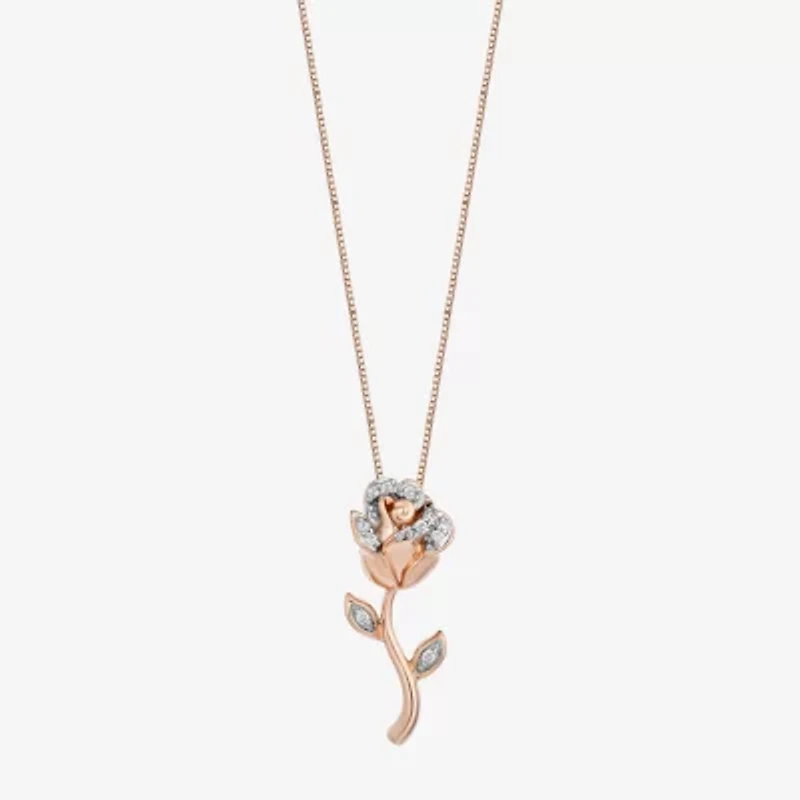 Enchanted Disney Fine Jewelry Belle (I, I2) Womens 1/10 CT. T.W. Lab Grown White Diamond 14K Rose Gold Over Silver Flower 18 Inch Pendant Necklace