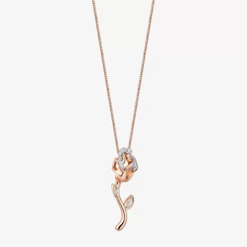 Enchanted Disney Fine Jewelry Belle (I, I2) Womens 1/10 CT. T.W. Lab Grown White Diamond 14K Rose Gold Over Silver Flower 18 Inch Pendant Necklace