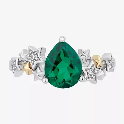 Enchanted Disney Fine Jewelry Tinker Bell(I,I2) Womens Diamond Accent Lab Created Green Emerald 14K Gold Over Silver Sterling Bell Cocktail Ring