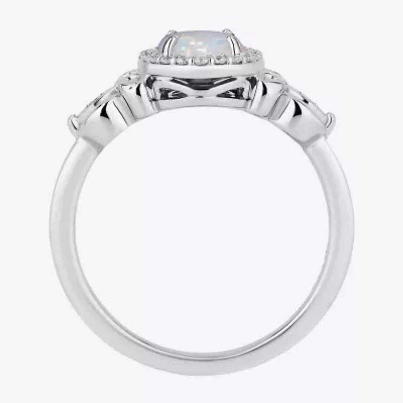 Enchanted Disney Fine Jewelry Cinderella (I, I2) Womens 1/8 CT. T.W. Lab Created White Opal Sterling Silver Oval Princess Cocktail Ring