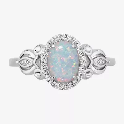 Enchanted Disney Fine Jewelry Cinderella (I, I2) Womens 1/8 CT. T.W. Lab Created White Opal Sterling Silver Oval Princess Cocktail Ring