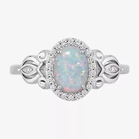 Enchanted Disney Fine Jewelry Cinderella (I, I2) Womens 1/8 CT. T.W. Lab Created White Opal Sterling Silver Oval Princess Cocktail Ring