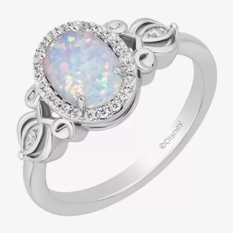 Enchanted Disney Fine Jewelry Cinderella (I, I2) Womens 1/8 CT. T.W. Lab Created White Opal Sterling Silver Oval Princess Cocktail Ring