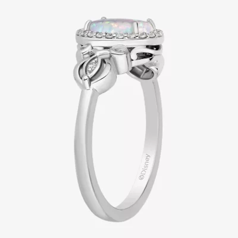 Enchanted Disney Fine Jewelry Cinderella (I, I2) Womens 1/8 CT. T.W. Lab Created White Opal Sterling Silver Oval Princess Cocktail Ring