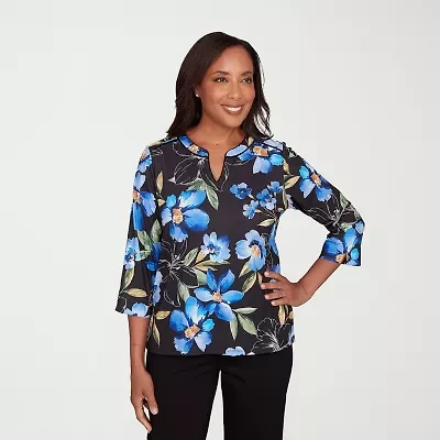 Alfred Dunner Barcelona Womens Split Crew Neck 3/4 Sleeve T-Shirt