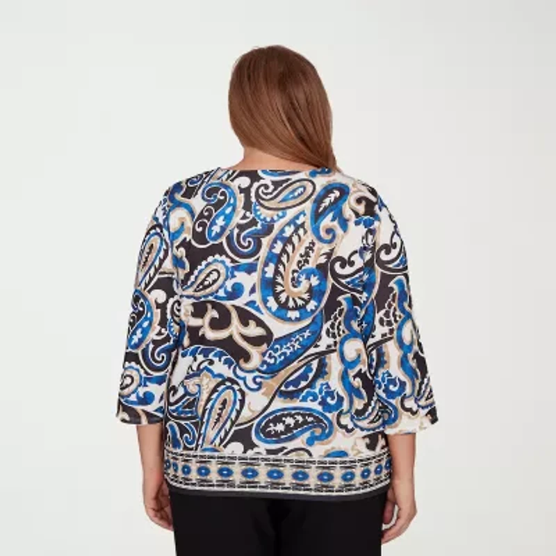 Alfred Dunner Barcelona Womens Plus Crew Neck 3/4 Sleeve T-Shirt