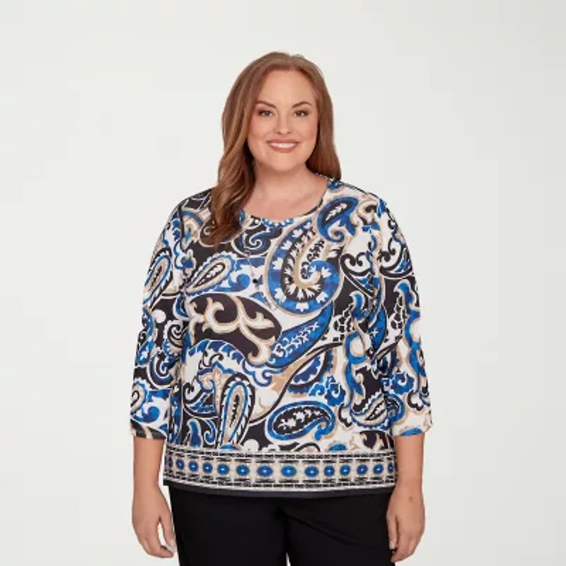 Alfred Dunner Barcelona Womens Plus Crew Neck 3/4 Sleeve T-Shirt