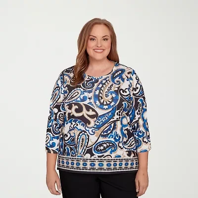 Alfred Dunner Barcelona Womens Plus Crew Neck 3/4 Sleeve T-Shirt