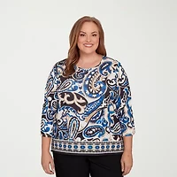 Alfred Dunner Barcelona Womens Plus Crew Neck 3/4 Sleeve T-Shirt