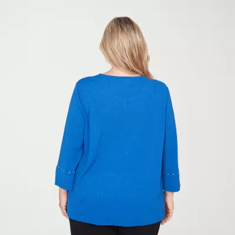 Alfred Dunner Barcelona Womens Plus Round Neck 3/4 Sleeve T-Shirt