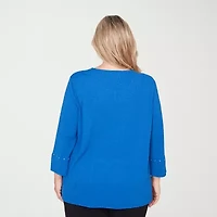 Alfred Dunner Barcelona Womens Plus Round Neck 3/4 Sleeve T-Shirt