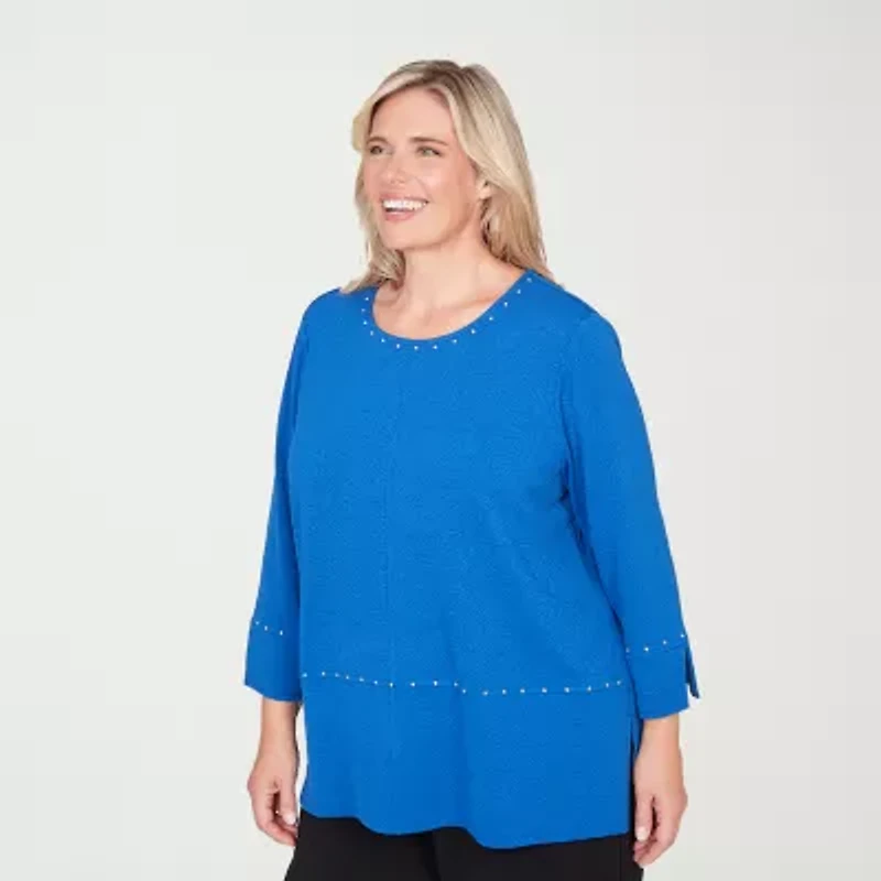 Alfred Dunner Barcelona Womens Plus Round Neck 3/4 Sleeve T-Shirt