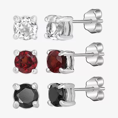 Silver Treasures Genuine Stone Womens White Topaz Sterling Silver 3 Pair Earring Set