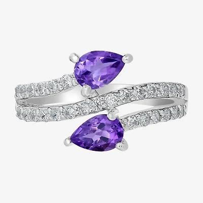 Silver Treasures Genuine Stone Sterling Bypass  Cocktail Ring