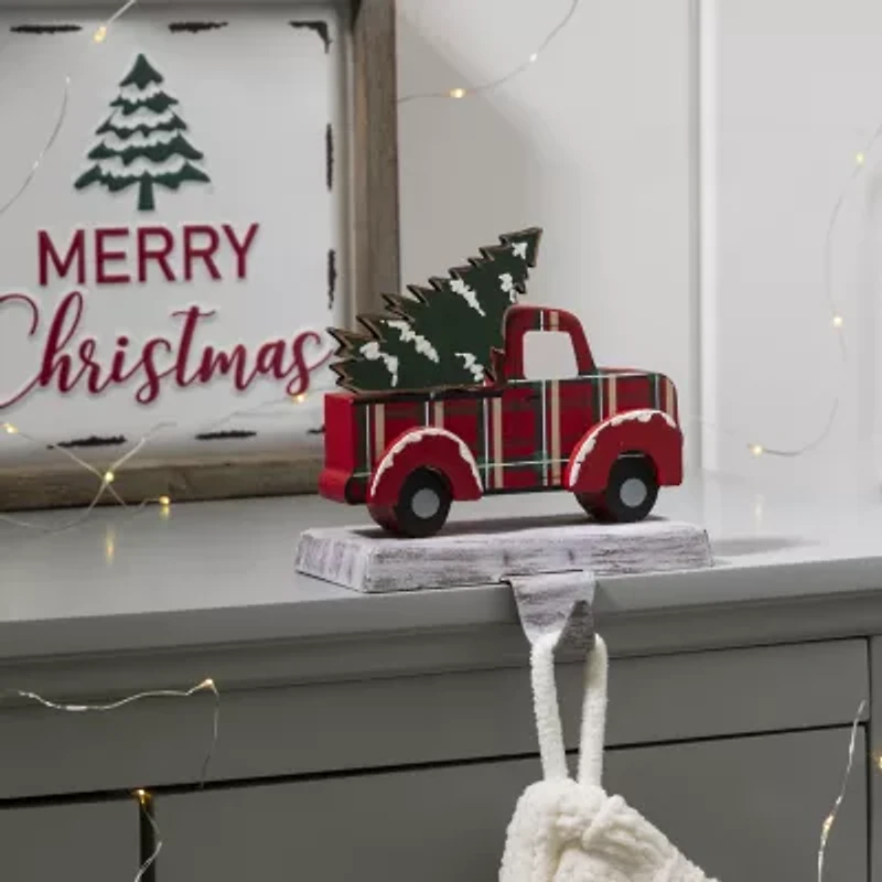 Glitzhome Wooden & Metal Red Truck Christmas Stocking Holder