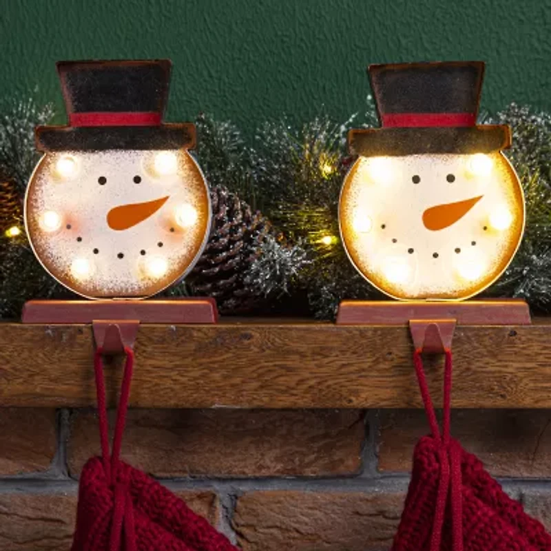 Glitzhome 7.5" Marquee LED Snowman Head Christmas Stocking Holder - Set of 2
