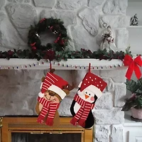 Glitzhome 19" 3D Penguin & Reindeer Hooked Christmas Stocking - Set of 2