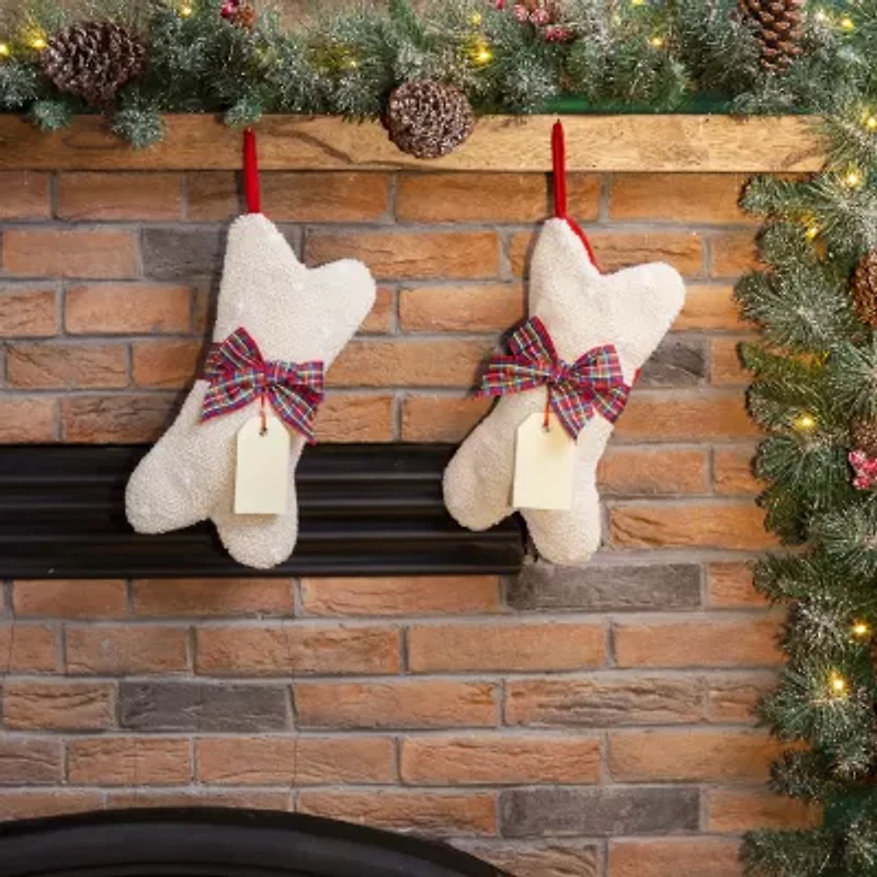 Glitzhome 12.5" Bone Shaped Hooked Christmas Stocking - Set of 2