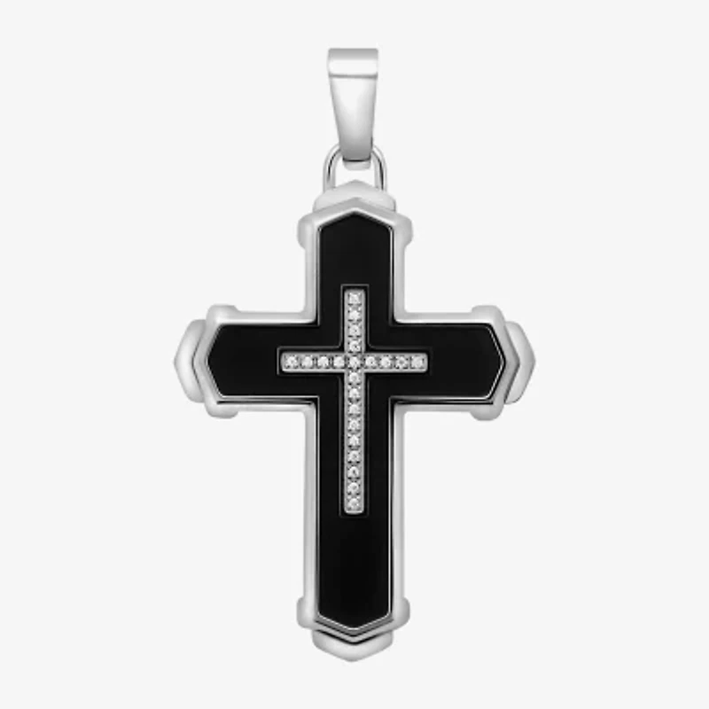 Mens 1/10 CT. T.W. White Diamond Stainless Steel Cross 24 Inch Pendant Necklace