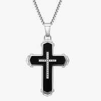 Mens 1/10 CT. T.W. White Diamond Stainless Steel Cross 24 Inch Pendant Necklace