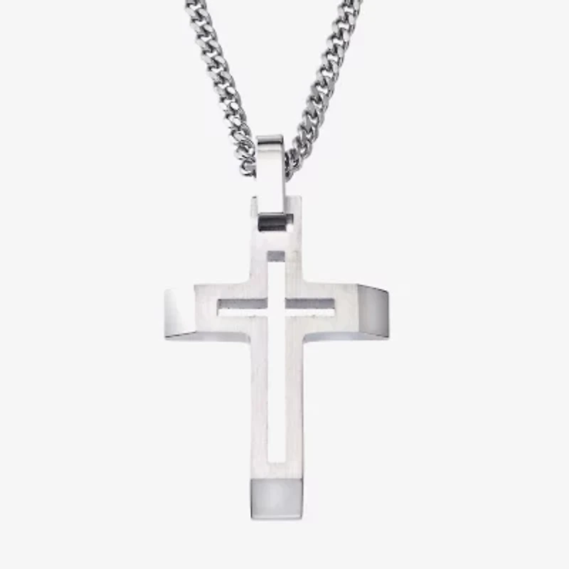 Mens Stainless Steel Cross 24 Inch Pendant Necklace
