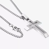 Mens Stainless Steel Cross 24 Inch Pendant Necklace