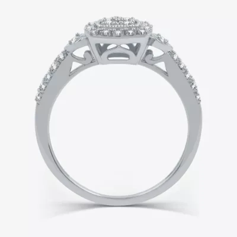 Promise My Love Womens 1/4 CT. T.W. Natural White Diamond Sterling Silver Cushion Side Stone Halo Ring