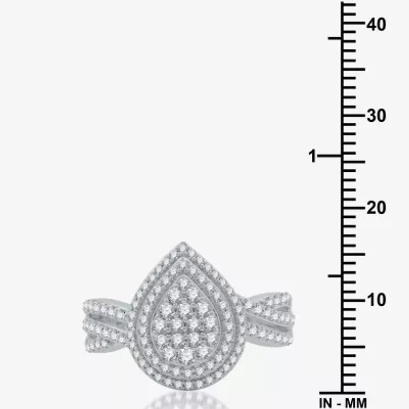 Womens 3/4 CT. T.W. Natural White Diamond Sterling Silver Pear Halo Side Stone Cocktail Ring