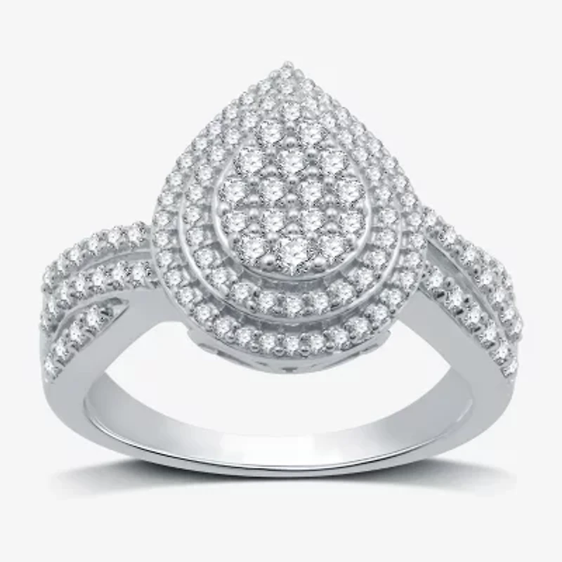Womens 3/4 CT. T.W. Natural White Diamond Sterling Silver Pear Halo Side Stone Cocktail Ring