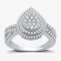 Womens 3/4 CT. T.W. Natural White Diamond Sterling Silver Pear Halo Side Stone Cocktail Ring