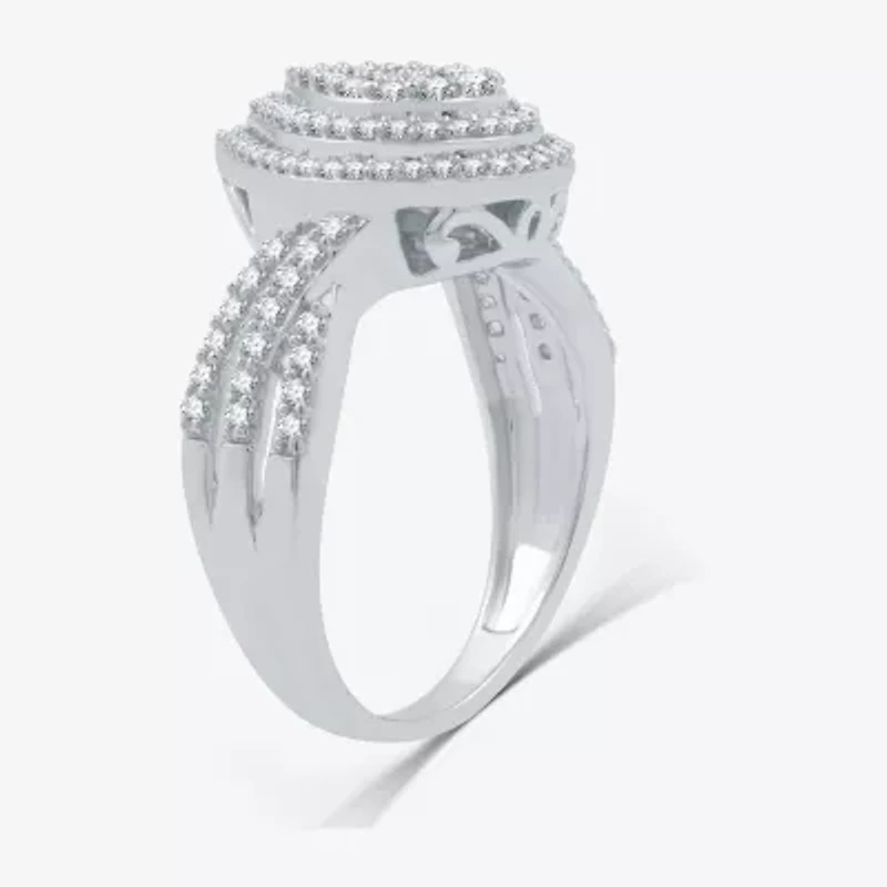 Womens 3/4 CT. T.W. Natural White Diamond Sterling Silver Pear Halo Side Stone Cocktail Ring