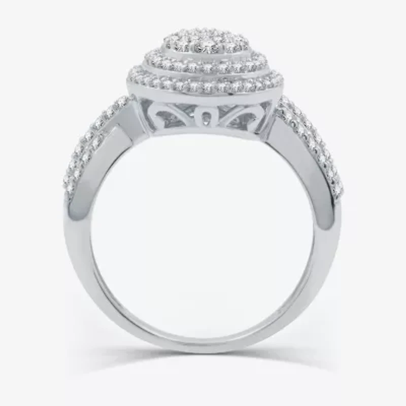 Womens 3/4 CT. T.W. Natural White Diamond Sterling Silver Pear Halo Side Stone Cocktail Ring