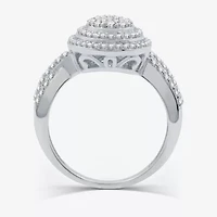 Womens 3/4 CT. T.W. Natural White Diamond Sterling Silver Pear Halo Side Stone Cocktail Ring