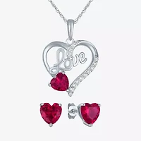 "Love" Womens Lab Created Red Ruby Sterling Silver Heart Jewelry Set