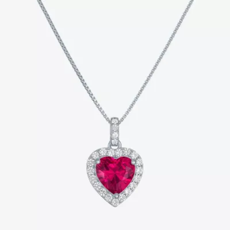 Womens Lab Created Red Ruby Sterling Silver Heart 18 Inch Pendant Necklace