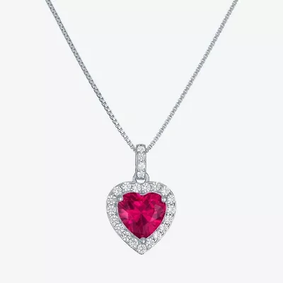 Womens Lab Created Red Ruby Sterling Silver Heart 18 Inch Pendant Necklace