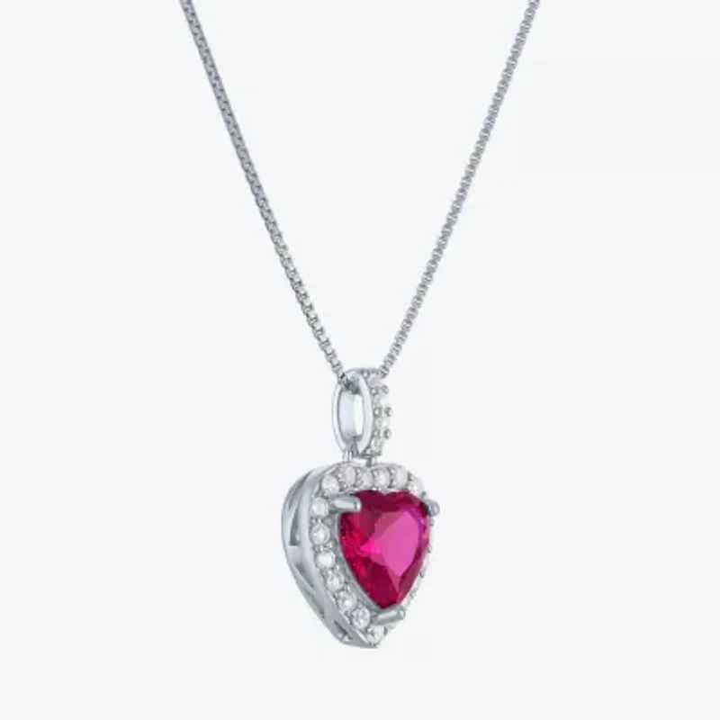 Womens Lab Created Red Ruby Sterling Silver Heart 18 Inch Pendant Necklace