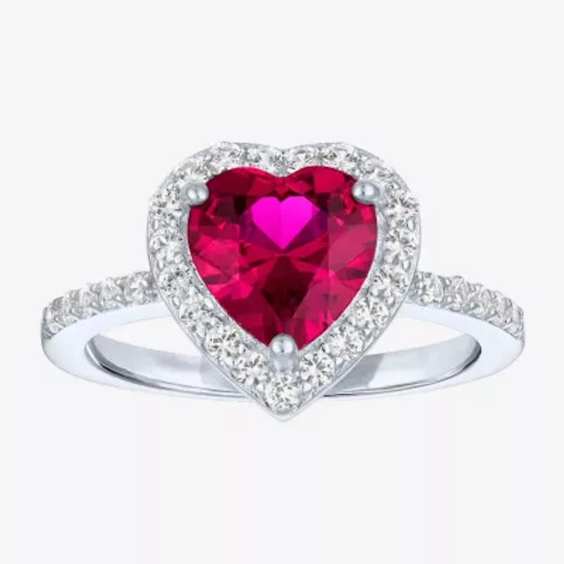 Womens Lab Created Red Ruby Sterling Silver Heart Halo Side Stone Cocktail Ring