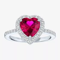 Womens Lab Created Red Ruby Sterling Silver Heart Halo Side Stone Cocktail Ring
