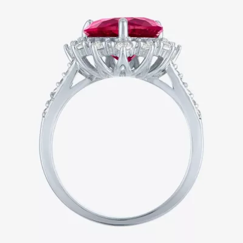 Womens Lab Created Red Ruby Sterling Silver Heart Halo Side Stone Cocktail Ring
