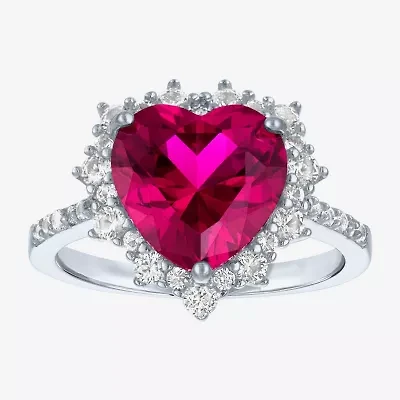 Womens Lab Created Red Ruby Sterling Silver Heart Halo Side Stone Cocktail Ring
