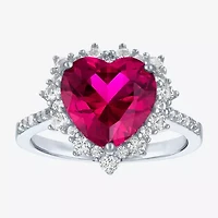 Womens Lab Created Red Ruby Sterling Silver Heart Halo Side Stone Cocktail Ring