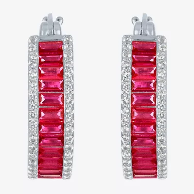Womens Lab Created Red Ruby Sterling Silver 19mm Hoop Earrings