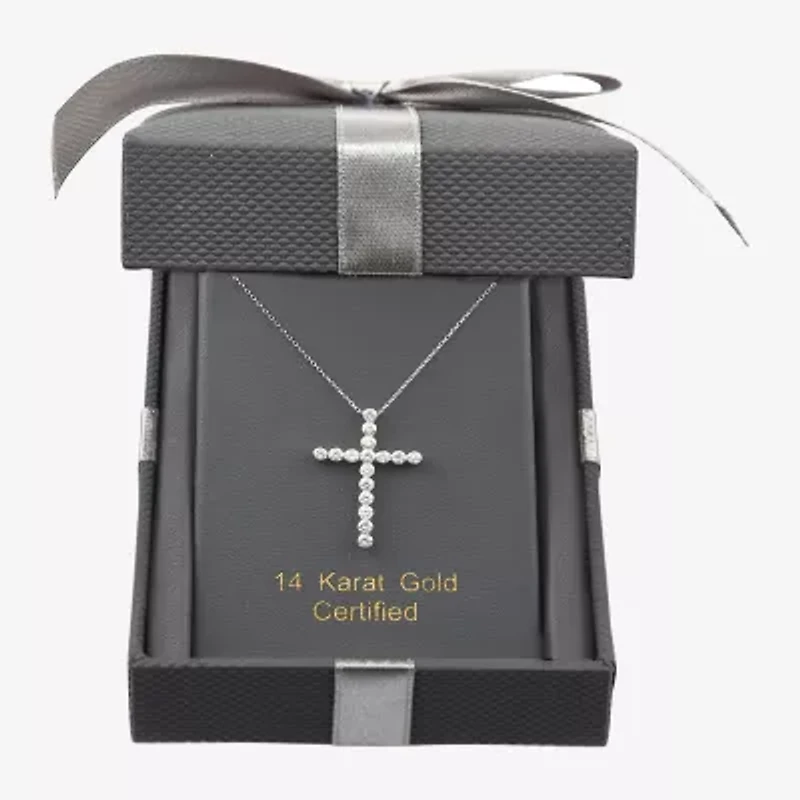 Floating Diamonds (F / Vs2) Womens 1 CT. T.W. Lab Grown White Diamond 14K White Gold Cross 18 Inch Pendant Necklace