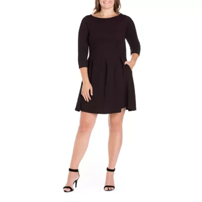 24seven Comfort Apparel Womens 3/4 Sleeve Plus Fit + Flare Dress