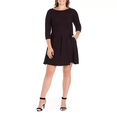 24seven Comfort Apparel Womens 3/4 Sleeve Plus Fit + Flare Dress
